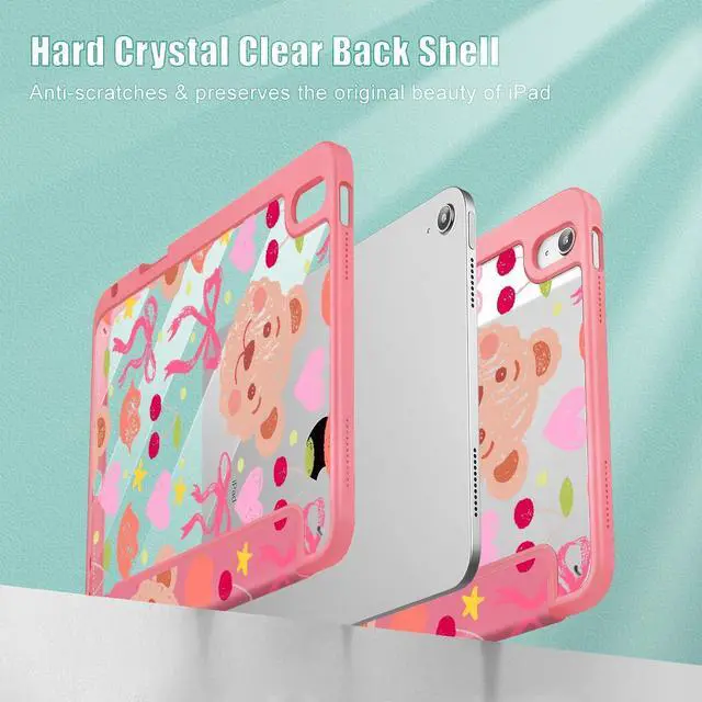 Alt view image 4 of 5 - Mektron Case for 2025 iPad 11 inch (A16 Chip) 11th Gen Fit iPad 10th Gen10.9 inch 2022, Buit in Pencil Holder with Shockproof Cover Clear Shell + Trifold Stand + Auto Wake/Sleep, Teddy Bow-Kawaii