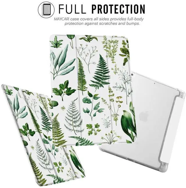 Alt view image 2 of 5 - MAYCARI Retro Fern Leaves Case for iPad 10.2 inch 2021/2020/2019 with Pencil Holder, Original Pattern iPad 9th/8th/7th Generation Soft TPU Back Protective Cover Shell, Auto Sleep/Wake Slim Shell