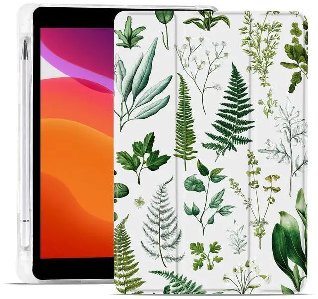 Main image of MAYCARI Retro Fern Leaves Case for iPad 10.2 inch 2021/2020/2019 with Pencil Holder, Original Pattern iPad 9th/8th/7th Generation Soft TPU Back Protective Cover Shell, Auto Sleep/Wake Slim Shell
