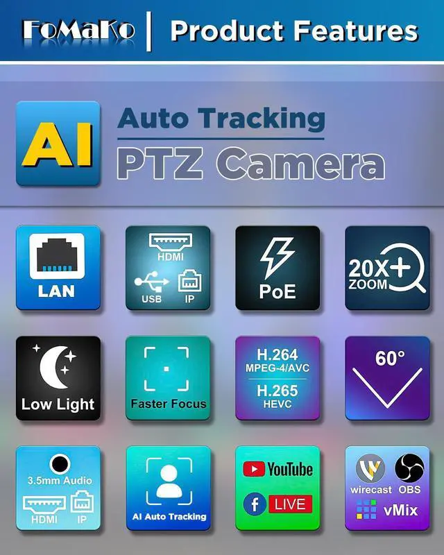 Alt view image 4 of 5 - FoMaKo HDMI PTZ Camera AI Auto-Tracking Gen 3, 20x Optical Zoom, IP USB3.0 HDMI Camera for Church Services Worship Education,FMK12UH Pro(20x) Silvery