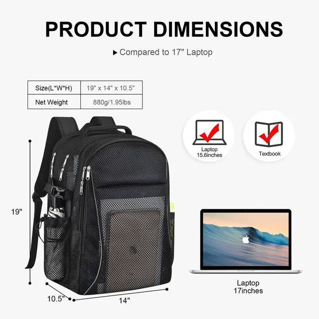 Alt view image 3 of 5 - USPECLARE Heavy Duty X-Large Mesh Backpacks for Adults,Semi-Transparent college Backpacks with Rain cover for School, Beach, and Travel (X-Large)
