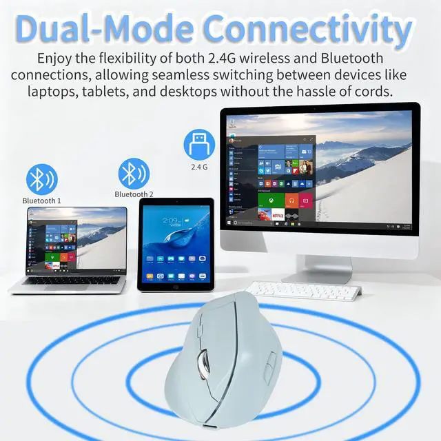 Alt view image 3 of 5 - KUYHRF Bluetooth Wireless Vertical Mouse - Ergonomic Design, Rechargeable with Type-C, Silent Operation for Office and Home Use, Ideal for Professionals & Students (Green)