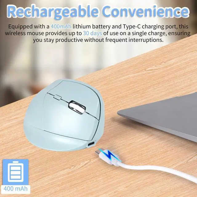 Alt view image 4 of 5 - KUYHRF Bluetooth Wireless Vertical Mouse - Ergonomic Design, Rechargeable with Type-C, Silent Operation for Office and Home Use, Ideal for Professionals & Students (Green)