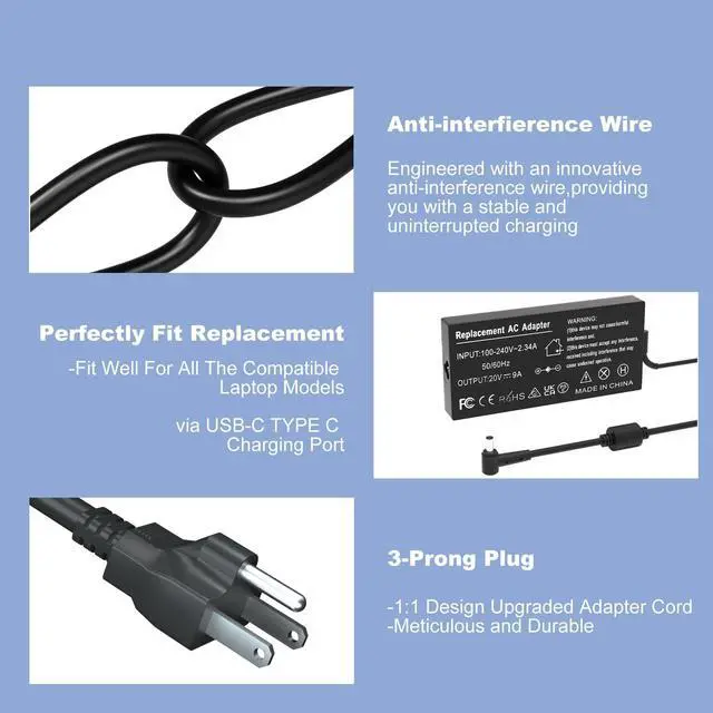 Alt view image 3 of 5 - KAQIAR 180W Charger Compatible with asus Laptop Charger Rog G14 GA401 G15 GA502,ADP-180TB H 20V 9A AC Adapter,TUF Gaming Series F15 F17 FX505D FX505G