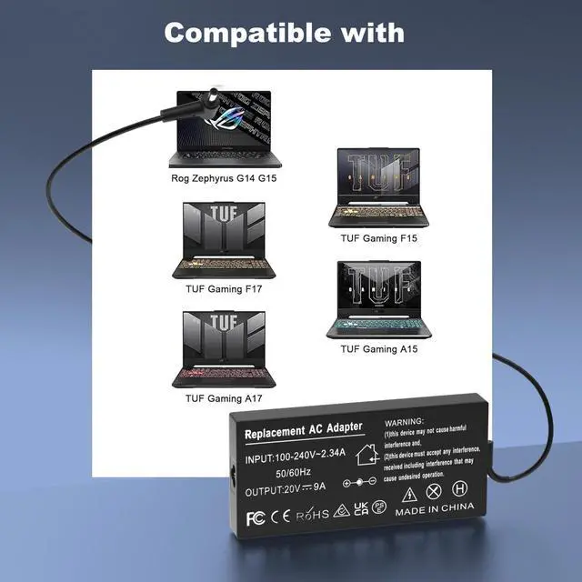 Alt view image 4 of 5 - KAQIAR 180W Charger Compatible with asus Laptop Charger Rog G14 GA401 G15 GA502,ADP-180TB H 20V 9A AC Adapter,TUF Gaming Series F15 F17 FX505D FX505G