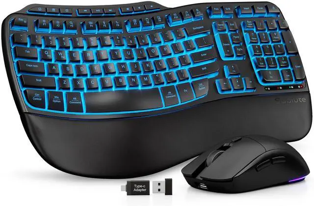 Main image of Ergonomic Wireless Keyboard and Mouse Combo, Rechargeable 4000mAh Backlit Keyboard with a Soft, Faux Lambskin Palm Rest, Wave Keys for Natural Typing, Compatible with Windows/Mac/Chromes OSSABLUTE