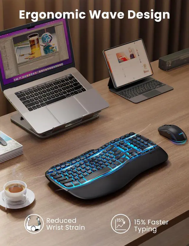 Alt view image 2 of 5 - Ergonomic Wireless Keyboard and Mouse Combo, Rechargeable 4000mAh Backlit Keyboard with a Soft, Faux Lambskin Palm Rest, Wave Keys for Natural Typing, Compatible with Windows/Mac/Chromes OSSABLUTE