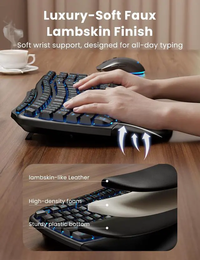 Alt view image 3 of 5 - Ergonomic Wireless Keyboard and Mouse Combo, Rechargeable 4000mAh Backlit Keyboard with a Soft, Faux Lambskin Palm Rest, Wave Keys for Natural Typing, Compatible with Windows/Mac/Chromes OSSABLUTE