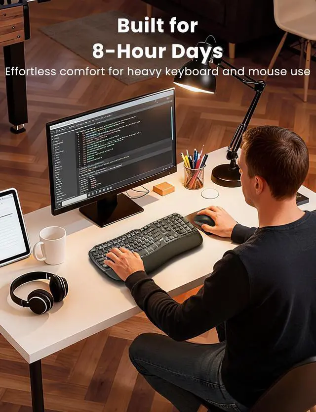 Alt view image 4 of 5 - Ergonomic Wireless Keyboard and Mouse Combo, Rechargeable 4000mAh Backlit Keyboard with a Soft, Faux Lambskin Palm Rest, Wave Keys for Natural Typing, Compatible with Windows/Mac/Chromes OSSABLUTE