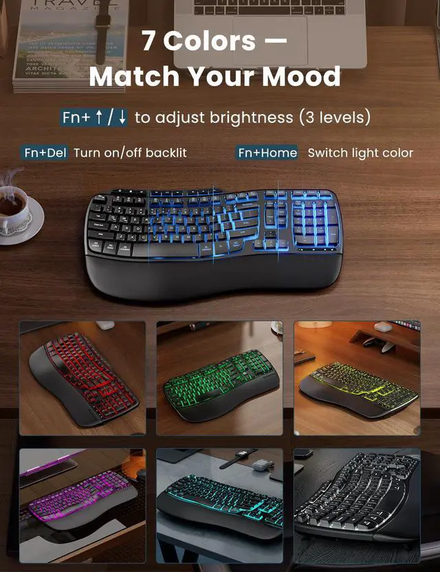 Alt view image 5 of 5 - Ergonomic Wireless Keyboard and Mouse Combo, Rechargeable 4000mAh Backlit Keyboard with a Soft, Faux Lambskin Palm Rest, Wave Keys for Natural Typing, Compatible with Windows/Mac/Chromes OSSABLUTE