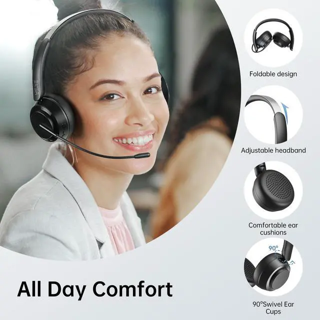 Alt view image 5 of 5 - EKSA H35 Wireless Headset with Mic for Work, Bluetooth 5.4 Headphones with AI Noise-Canceling Microphone, 25H Playtime & Mic Mute,169g On Ear Headphones for Trucker/Remote Work/Call Center/Office