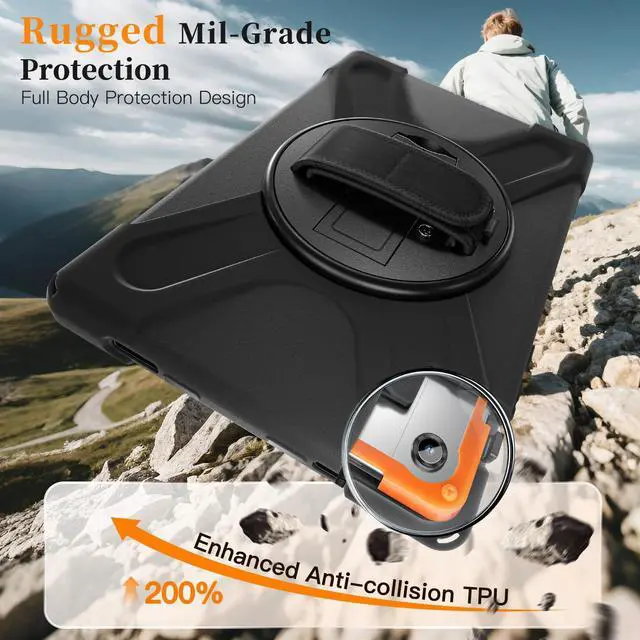 Alt view image 2 of 5 - ZenRich Rugged Tablet Case for Samsung Galaxy A11 Plus / A11+ 2025 11 Inch, Heavy Duty Shockproof Protective Cover with Screen Protector, 360° Rotating Kickstand, Hand Strap & Shoulder Belt