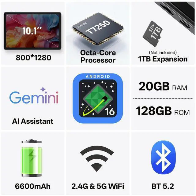 Alt view image 2 of 5 - Android 16 Tablet, 10.1 inch Tablets with Octa-Core Processor, 20GB RAM 128GB ROM 1 TB Expandable, 1280x800 HD IPS Touch Screen, GPS, 8H Battery, WiFi 6, BT 5.2, Dual Camera (Gray)