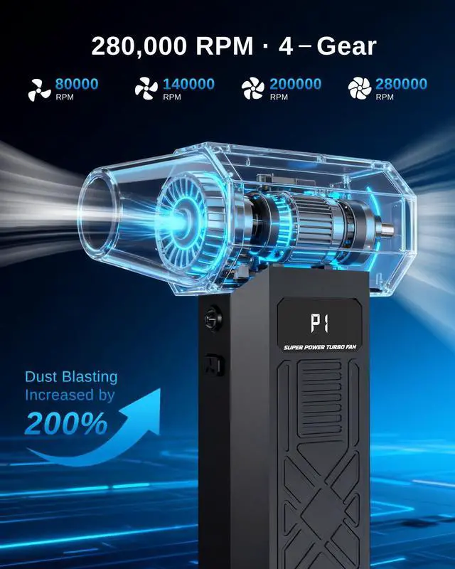 Alt view image 2 of 5 - Compressed Air Duster-280000RPM Electric Air Duster,4-Gear Adjustable Super Power Air Blower,Rechargeable Mini Blower with Fast Charging for PC,Keyboard,House,Outdoor & Car