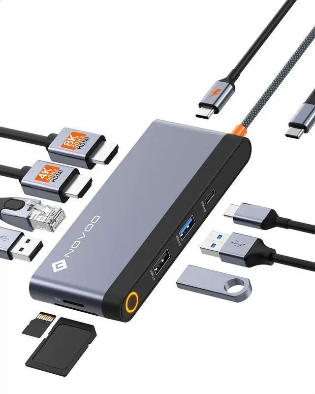 Main image of Novoo USB C Docking Station Dual HDMI Adapter, 10 in 1 Multi Display 8K with 2 HDMI, VGA, 100W PD, 3 USB, TF Card USB-C 3.0 Hub Multiport Dongle Compatible with MacBook/Dell/HP/Lenovo Surface Laptops
