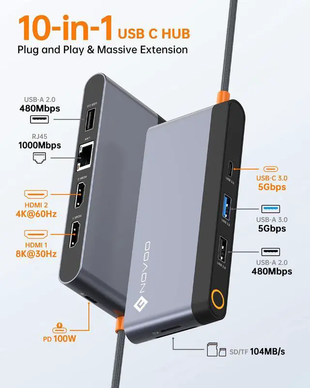 Alt view image 2 of 5 - Novoo USB C Docking Station Dual HDMI Adapter, 10 in 1 Multi Display 8K with 2 HDMI, VGA, 100W PD, 3 USB, TF Card USB-C 3.0 Hub Multiport Dongle Compatible with MacBook/Dell/HP/Lenovo Surface Laptops