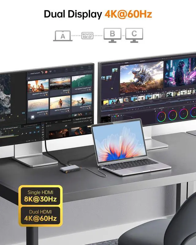 Alt view image 4 of 5 - Novoo USB C Docking Station Dual HDMI Adapter, 10 in 1 Multi Display 8K with 2 HDMI, VGA, 100W PD, 3 USB, TF Card USB-C 3.0 Hub Multiport Dongle Compatible with MacBook/Dell/HP/Lenovo Surface Laptops