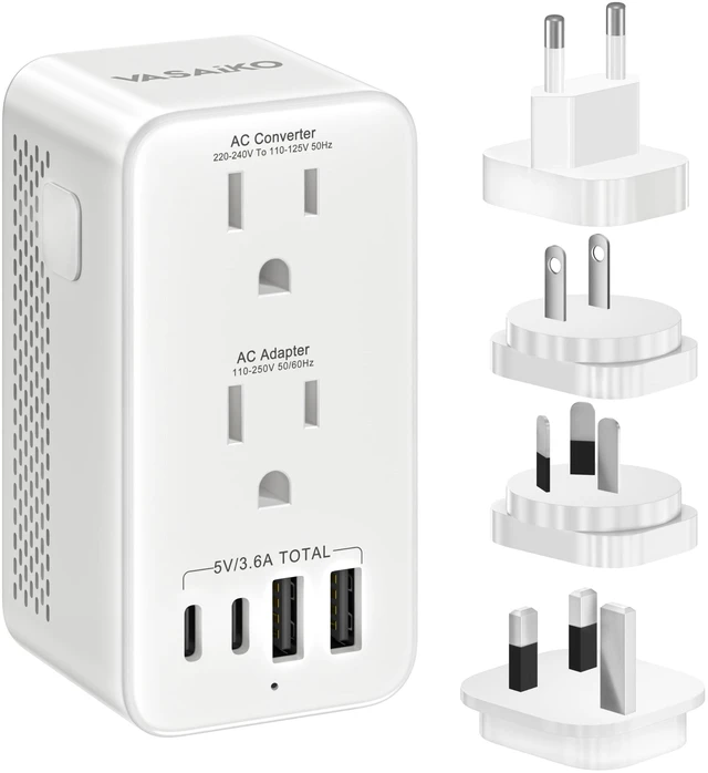 Main image of VASAIKO Voltage Converter US to Europe, Travel Adapter Voltage Converter to Step Down 220V to 120V, Power Converter with 2 USB-A 2 USB-C Port & UK/AU/US/IT/European Travel Plug Adapters