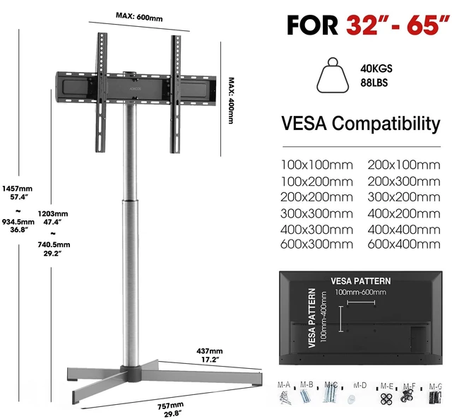 Alt view image 2 of 5 - AOKCOS Minimalist Universal Floor TV Stand for 32-65 Inch TVs up to 88lbs, Stainless Steel Modern TV Mount Stand, Hidden Cable Management, 10 Levels Height Adjustable Swivel TV Floor Stand with Tilt