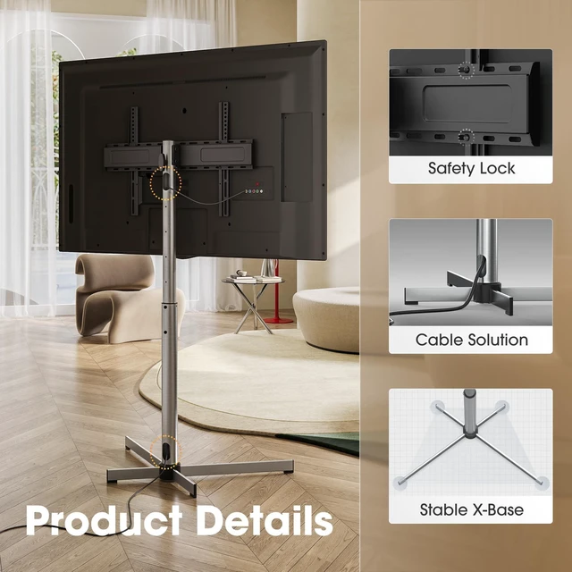 Alt view image 4 of 5 - AOKCOS Minimalist Universal Floor TV Stand for 32-65 Inch TVs up to 88lbs, Stainless Steel Modern TV Mount Stand, Hidden Cable Management, 10 Levels Height Adjustable Swivel TV Floor Stand with Tilt
