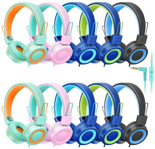 Main image of CN-Outlet 10 Pack Classroom Headphones Bulk for K-12 School Kids, Class Set Headphones for Students Teens Library Computer Testing Centers (Mixed Color with Microphone)