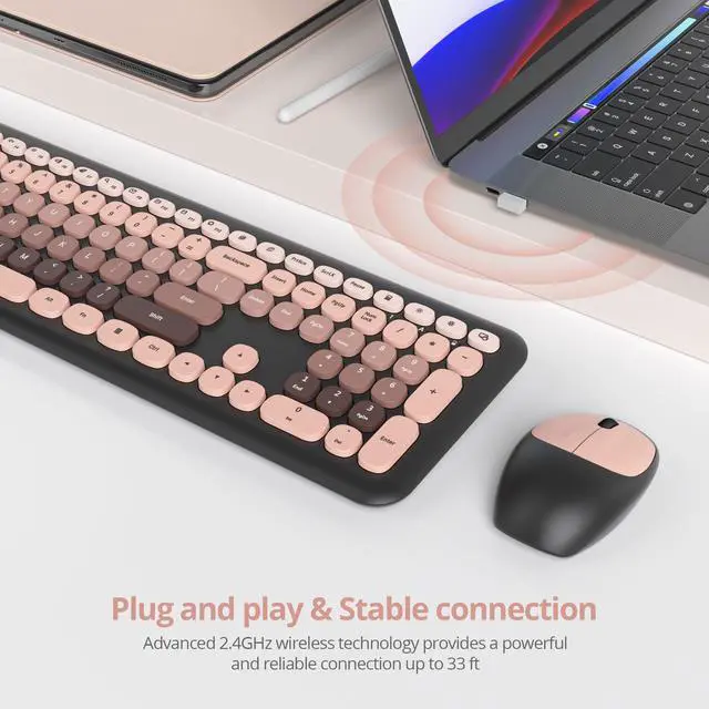 Alt view image 2 of 5 - Vumilstek Colorful Pink Quiet Keyboard and Mouse Wireless, Retro Typewriter 104-Key Fullsize Keyboard Round Keys for Home Office Dorms PC/Laptop/Desktop(Heimei)