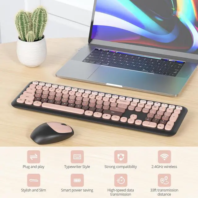 Alt view image 3 of 5 - Vumilstek Colorful Pink Quiet Keyboard and Mouse Wireless, Retro Typewriter 104-Key Fullsize Keyboard Round Keys for Home Office Dorms PC/Laptop/Desktop(Heimei)