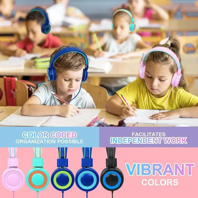 Alt view image 3 of 5 - CN-Outlet 10 Pack Classroom Headphones Bulk for K-12 School Kids, Class Set Headphones for Students Teens Library Computer Testing Centers (Mixed Color with Microphone)