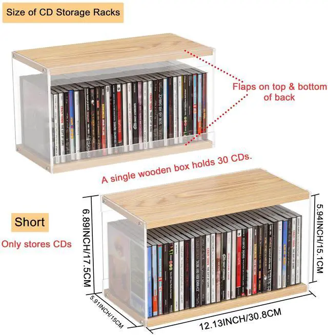 Alt view image 2 of 5 - ihomecooker 2Pack Stackable Wood Acrylic CD Holder Desk Rack Organizer Holds up to 60 CD Jewel Cases Media Storage Rack for Movie & Video Games Collections (Natural Wood, Short)