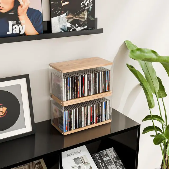 Alt view image 3 of 5 - ihomecooker 2Pack Stackable Wood Acrylic CD Holder Desk Rack Organizer Holds up to 60 CD Jewel Cases Media Storage Rack for Movie & Video Games Collections (Natural Wood, Short)