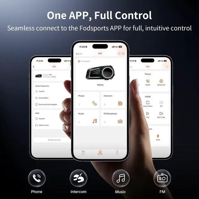 Alt view image 4 of 5 - Fodsports FX7 10-Rider Mesh Motorcycle Bluetooth Headset with Music Share, Smart APP Control, Dual Chips V5.4 Helmet Communication System with Audio Multitasking & FM, 3 Intercom & EQ Music Modes