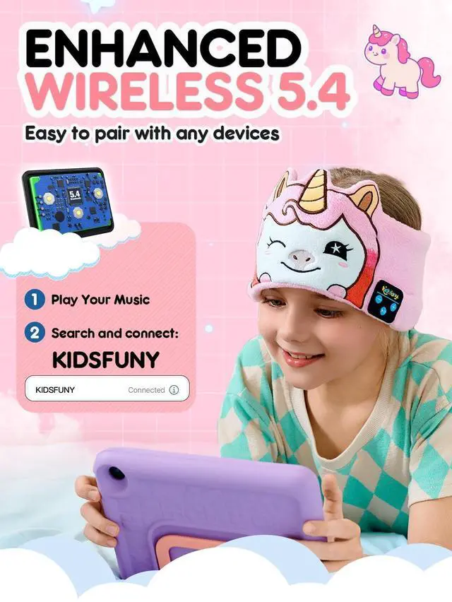 Alt view image 3 of 5 - Kidsfuny Kids Headphones Headband Wireless,Toddler Bluetooth Headband Volume Limited with Thin Speakers & Wired Playback 3.5 MM Jack,Perfect for Girls Boys Toddler Children Baby Airplane Travel