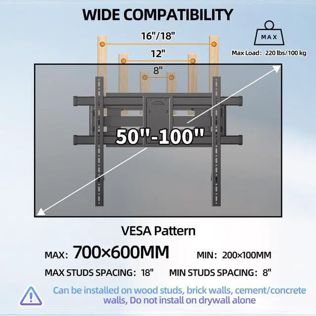 Alt view image 3 of 5 - Futurleal Heavy Duty Full Motion TV Wall Mount for 50-100 Inch TVs Up to 220 lbs, Max VESA 700x600mm, Swivel Tilt Extension D6
