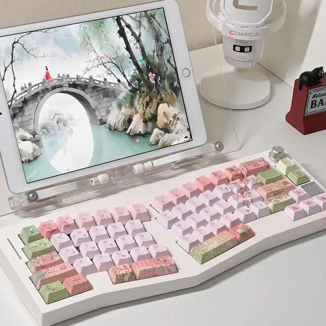 Main image of TIMSEKER 120 Keys Gradient Pink and Green PBT Keycaps Set, Dye Sublimation Custom Cherry Profile Chinese Character Design for ANSI Layout Mechanical Gaming Keyboard