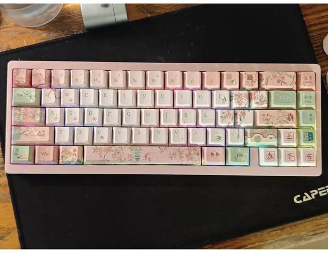 Alt view image 2 of 5 - TIMSEKER 120 Keys Gradient Pink and Green PBT Keycaps Set, Dye Sublimation Custom Cherry Profile Chinese Character Design for ANSI Layout Mechanical Gaming Keyboard