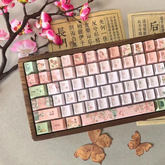 Alt view image 4 of 5 - TIMSEKER 120 Keys Gradient Pink and Green PBT Keycaps Set, Dye Sublimation Custom Cherry Profile Chinese Character Design for ANSI Layout Mechanical Gaming Keyboard
