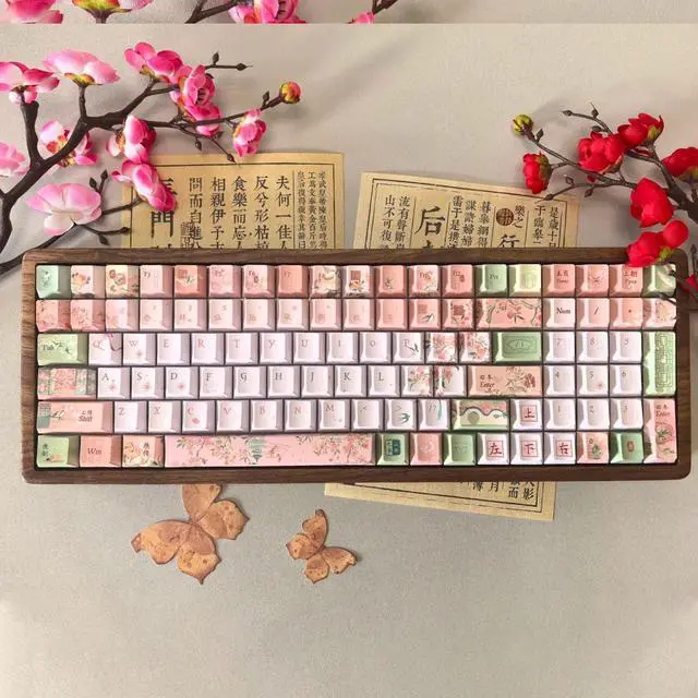 Alt view image 5 of 5 - TIMSEKER 120 Keys Gradient Pink and Green PBT Keycaps Set, Dye Sublimation Custom Cherry Profile Chinese Character Design for ANSI Layout Mechanical Gaming Keyboard