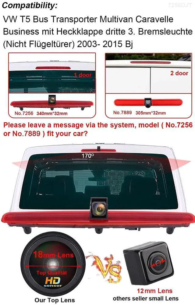 Alt view image 3 of 5 - Caros HD 1280x720 Pixels 1000 TV Lines 3rd Brake Light Reversing Camera Brake lamp Parking Camera Replacement for VW T5 Bus Transporter Multivan Caravelle Business Third 3rd+4.3' Reverse Monitor