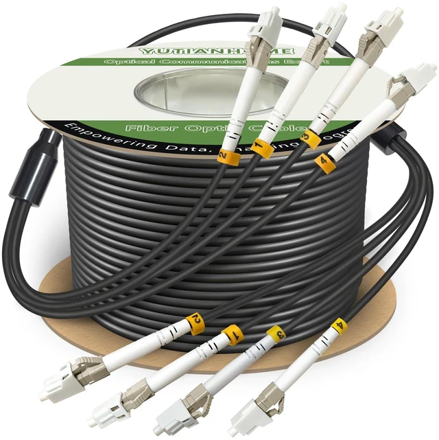 Main image of YUTIANHOME 200 Meters 4 Core OM3 Multimode Industrial TPU LC to LC Outdoor Armored Fiber Patch Cable, Direct Burial 4 Strands Fiber Optic Cable, 10Gb Duplex 50/125um MMF LC-LC 4 Fibers