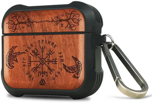 Main image of Carveit Wooden Case for (2021) AirPods 3 Case (3rd Generation, 2021), Wood Artisan Engraved & TPU Shockproof Cover, Titanium Quick Released Clasp (The Guiding Vegvisir) Rosy