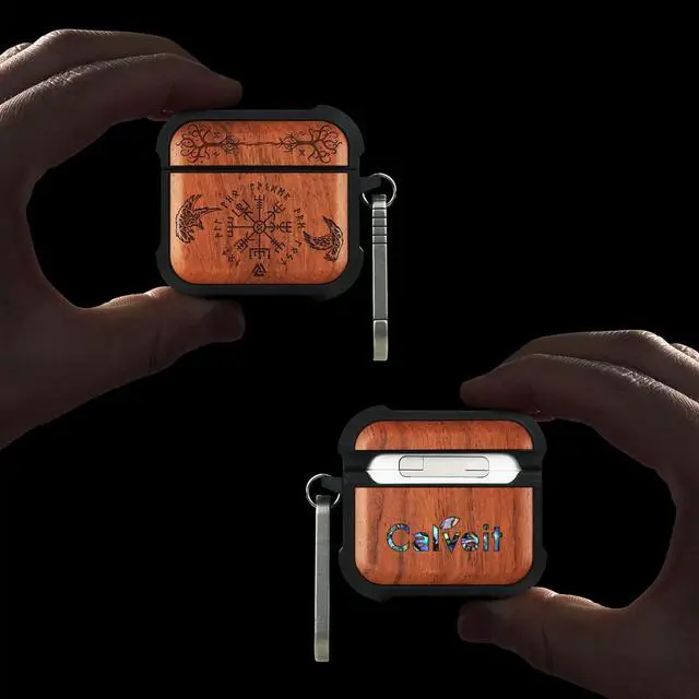 Alt view image 2 of 5 - Carveit Wooden Case for (2021) AirPods 3 Case (3rd Generation, 2021), Wood Artisan Engraved & TPU Shockproof Cover, Titanium Quick Released Clasp (The Guiding Vegvisir) Rosy