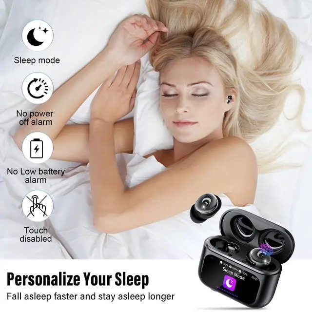 Alt view image 3 of 5 - 2026 Sleep Earbuds Bluetooth 5.4 in Ear Smart Touch Screen Ear Buds, 48H Playtime Mini Sleep Headphones Small Design for Side Sleepers, 5 EQ Modes, Crystal-Clear Calls, IPX7 Waterproof Earphones Black