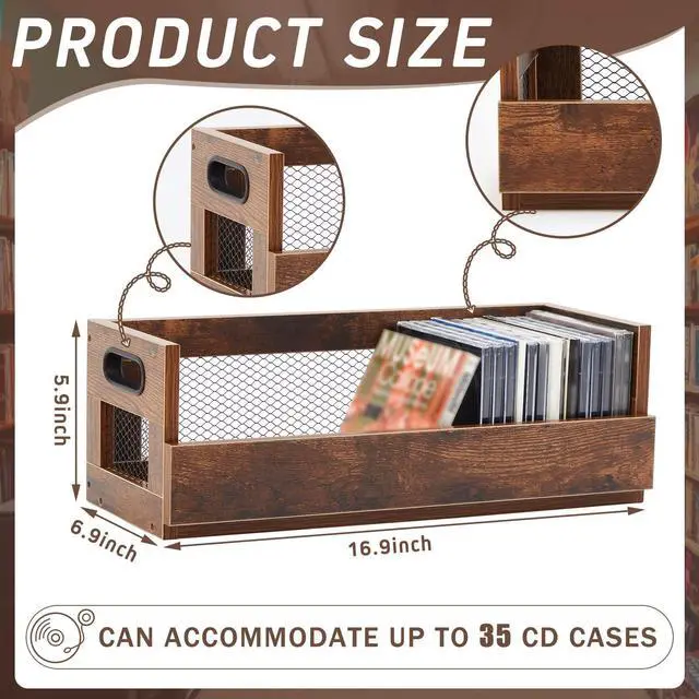 Alt view image 2 of 5 - Jetec 2 Set Retro CD Storage Box - Father's Gift for Dad, Metal & Wood Holder Shelf with Handles, Cassette & DVD Organizer, Holds up to 36 CDs & Movie Cases, Vintage Display Rack