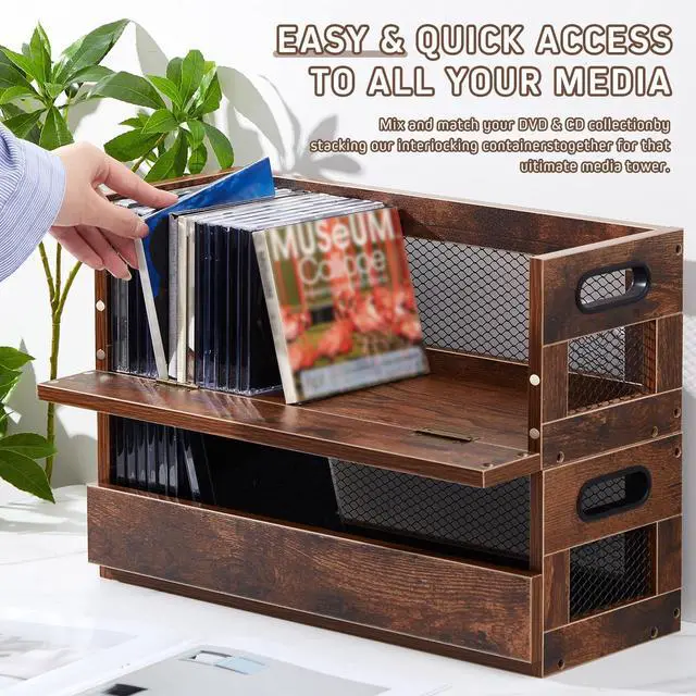 Alt view image 4 of 5 - Jetec 2 Set Retro CD Storage Box - Father's Gift for Dad, Metal & Wood Holder Shelf with Handles, Cassette & DVD Organizer, Holds up to 36 CDs & Movie Cases, Vintage Display Rack