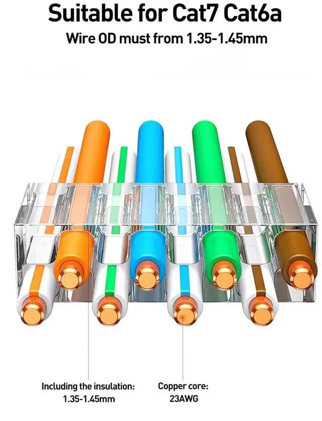 Alt view image 3 of 5 - ZOERAX 50-Pack Cat7 Cat6A Shielded Pass Through RJ45 Connectors, 3-Prong Gold Plated CAT7 Modular Plug for Solid or Stranded STP/FTP Ethernet Cable (Silver)