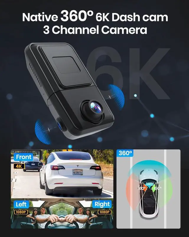 Alt view image 2 of 5 - YEECORE 6K 3 Channel Dash Cam, Front and Inside, Left Right Dash Camera for Cars, Built-in 5.8GHz WiFi 6, GPS, IR Night Vision Car Camera, G-Sensor, Parking Mode, Support 1TB Max, Included 64GB Card