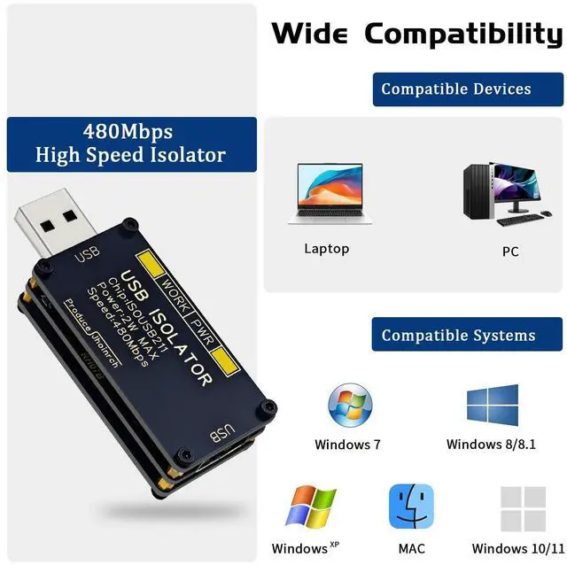 Alt view image 5 of 5 - Jhoinrch USB 2.0 480Mbps High Speed Isolator Supports 5000Vrms Signal Isolation and 1500V Voltage Isolation