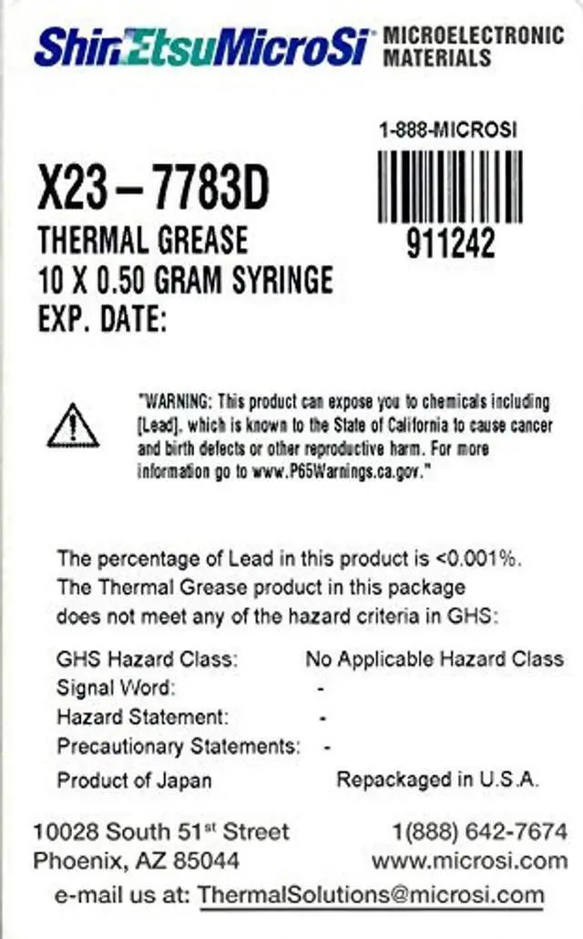 Alt view image 2 of 2 - X23-7783D, Direct from Manufacturer, Shin-Etsu MicroSi Genuine High Performance Silicone Thermal Grease, Ten 0.5 gm Syringes (10x0.5 gm), with Lot #, Exp. Date