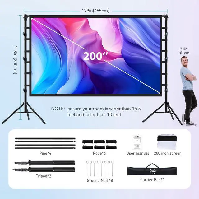 Alt view image 5 of 5 - 200 Inch Outdoor Projector Screen with Stand: LEORFI Large Projection Screen with Adjustable Tripod, Front & Rear Projection Wrinkle-Free Movie Screen with Transport Bag for Backyard Movie Night
