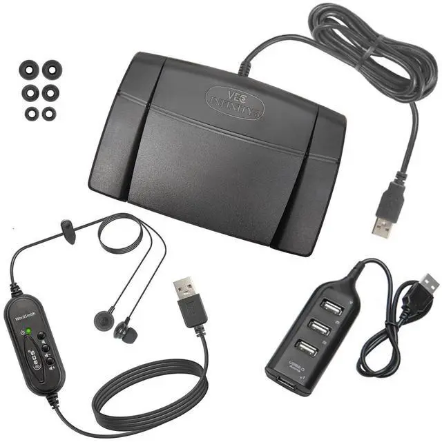 Main image of ECS WordSmith Noise Reduction in-Ear Transcription Headset with USB Connection, Infinity-3 USB Foot Pedal, 3-Port Hub & Multiple Ear Tips